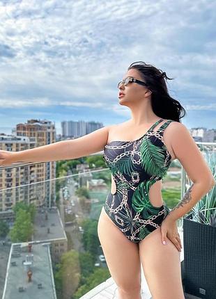 Купальник великих розмірів для повних злитий на одне плече з тропічним принтом суцільний зелений
