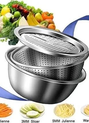 Многофункциональный кухонный набор из нержавеющей стали 3 в 1 metal basket cutter миска дуршлаг и терка3 фото