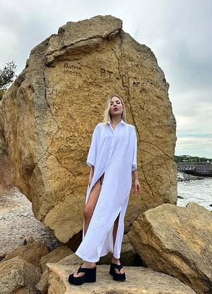 Длинная льняная белая рубашка платье пляжное туника накидка халат кардиган  платье для беременных