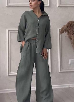 Жіночий лляний брючний костюм двійка,льон,женский лляной брючный костюм двойка лён4 фото