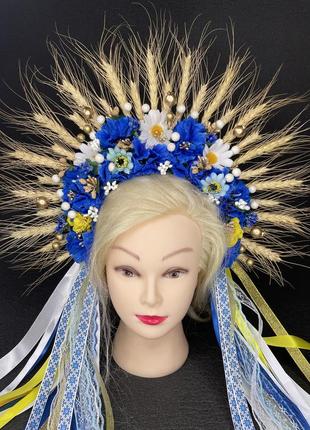 Вінок віночок на голову з колосками пшениці колосків синій з волошками ромашками білий...