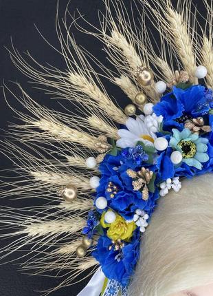 Вінок віночок на голову з колосками пшениці колосків синій з волошками ромашками білий...