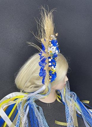Вінок віночок на голову з колосками пшениці колосків синій з волошками ромашками білий...