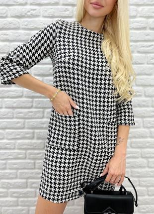 Женское короткое повседневное платье с принтом в гусиную лапку демисезонное