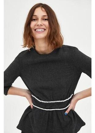 Блуза з перлинами з довгими рукавами топ із баскою zara