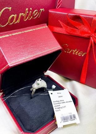 Срібне кільце картьє cartier пантера кішка леопард зелені очі каміння класика стильне тренд срібло проба 925 нове з биркою