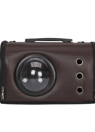 Сумка з ілюмінатором для переноски котів і собак 42x27x25 см cosmopet cp-19 dark brown (штучна шкіра)2 фото