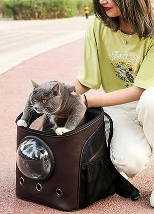 Рюкзак для перенесення тварин з ілюмінатором cosmopet cp-04 для котів та собак dark brown6 фото