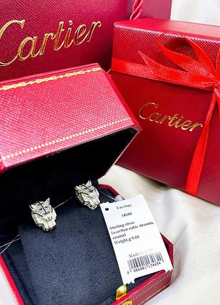 Серебряные серьги сережки картье cartier английская застежка тигр леопард кошка пантера камни классика стильное тренд серебро проба 925 новое с биркой