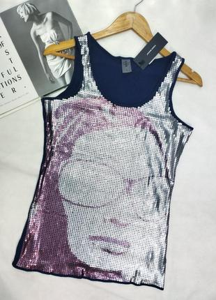 Майка синяя серебристая паетки принт