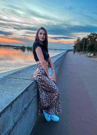 Атласна шовкова сатинова максі спідниця довга з леопардовим принтом лео леопард в стилі zara10 фото