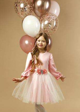 Детское нарядное платье розовое с фатином праздничное для девочки 4 5 6 7 8 9 лет3 фото