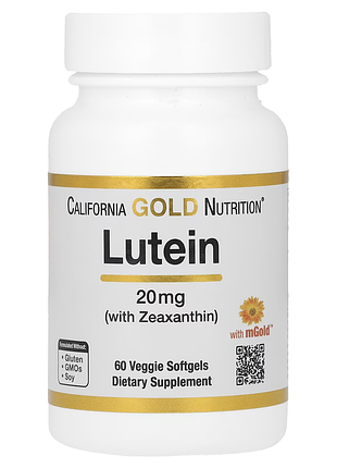 California gold nutrition, лютеїн із зеаксантином, 20 мг, 60 вегетаріанських капсул