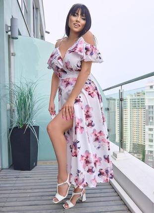 Сукня міді з квітковим принтом на тонких беретелях з відкритими плечима з рюшками на запах вільна плаття синя біла фіолетова сіра літня трендова2 фото