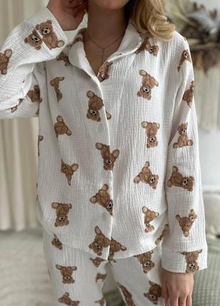 Жіноча муслінова піжама cosy ведмедики teddy штани+сорочка4 фото