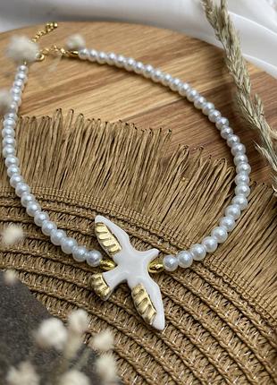 🖤чокер из искусственных жемчужин и птички»