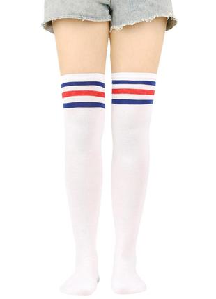 Панчохи високі білі з кольоровими смужкам 1052 білі гольфи за коліно з трьома смужками