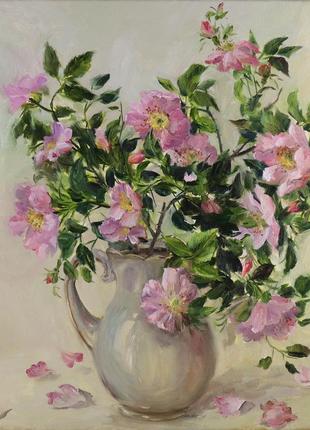 Картина маслом ′шиповник′ 40×35 см, холст на подрамнике, масло. василькова алла