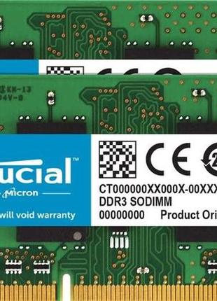 Пара оперативної пам'яті для ноутбука crucial sodimm ddr3l 16gb (8gb+8gb) 1600mhz 12800s cl11 (ct102464bf160b.m16fn)