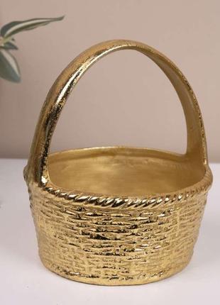 Пасхальна керамічна, кашпо підставка під яйця та прикраси кошик золотий 12*15 см (2885-1)1 фото