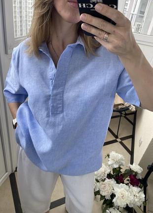 Блакитна лляна блузка сорочка батал