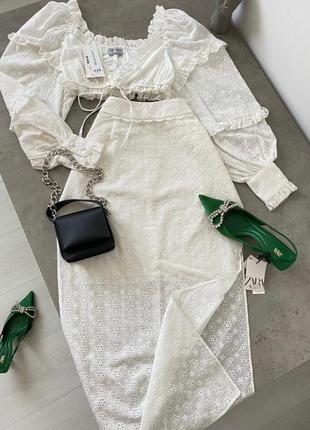 Летний юбический костюм с болеро и юбкой из прошвы турция в стиле zara