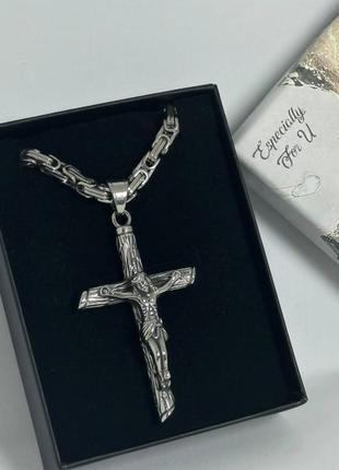 Подарочный набор - цепочка бисмарк плетение и крест православный из нержавеющей стали