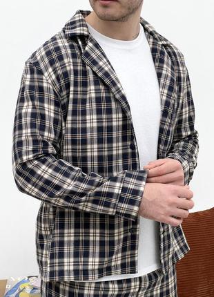 Піжама для чоловіків cosy з фланелі (штани+футболка+сорочка) клітина темно-синя/кремова7 фото