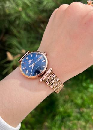 Часы женские кварцевые olevs золотые з синим циферблатом