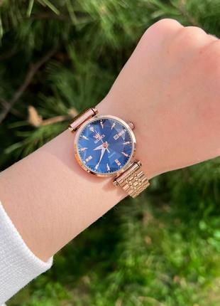 Часы женские кварцевые olevs золотые з синим циферблатом