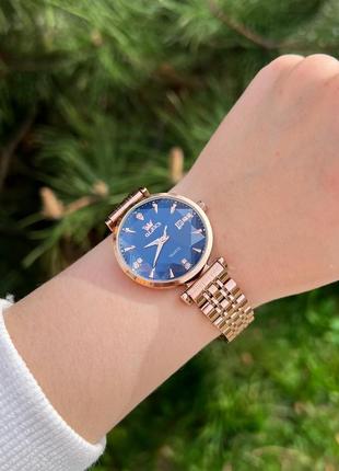 Часы женские кварцевые olevs золотые з синим циферблатом