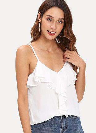 Xl f&f блуза майка белая рюши оборки воланы тонкие бретели летняя свободная женский топ блузка