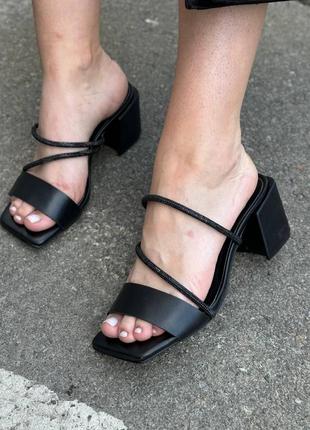 Шлепанцы женские на каблуке черные сабо мюли натуральная кожа