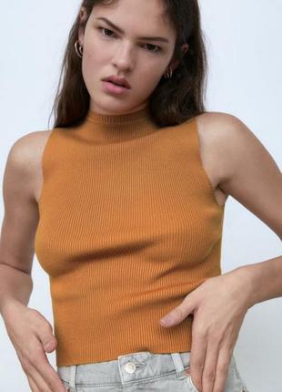 Трикотажный горчичный топ ✨zara✨ майка эластичная вискоза