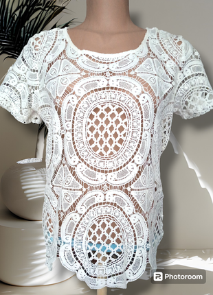 Красивая белая блуза майка топ футболка из кружева размера м прямого кроя