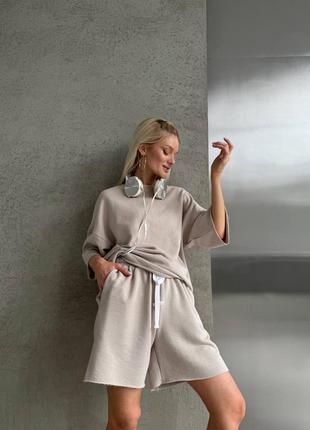 Костюм с шортами женский легкий повседневный на лето летний трикотажный черный бежевый...