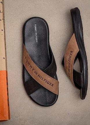 Мужские кожаные летние шлепанцы-сланцы tommy hilfiger black and coffee