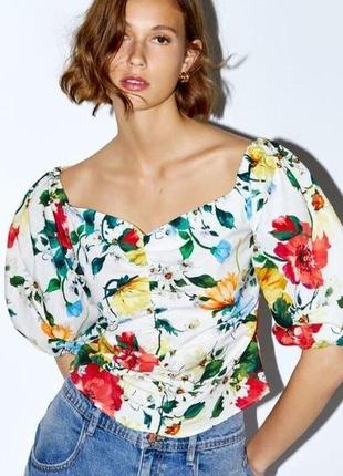 Хлопковая блуза топ в цветочный принт от zara