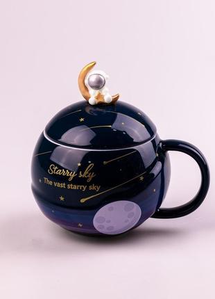 Чашка керамическая starry sky 400мл с крышкой и ложкой синий