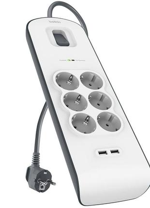 Сетевой фильтр с защитой удлинитель 2м, 6 розеток+2xusb belkin - сетевые фильтры с usb