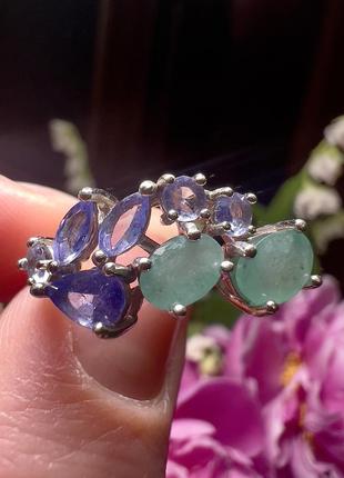 Срібні сережки 925 проби зі смарагдами та танзанітами5 фото
