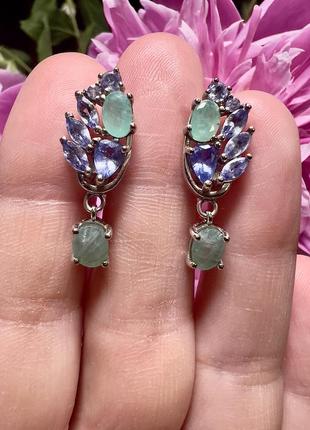 Срібні сережки 925 проби зі смарагдами та танзанітами2 фото