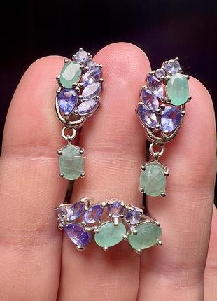 Срібні сережки 925 проби зі смарагдами та танзанітами3 фото