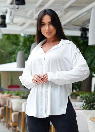 Рубашка женская шелковая, свободного кроя, плюс сайз, батал, однотонная, белая