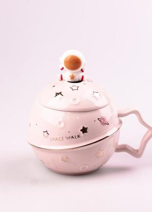 Чашка керамическая space walk 400мл с крышкой и ложкой розовый