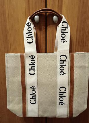 Сумка chloé woody tote bag beige/black текстильна сумка.8 фото