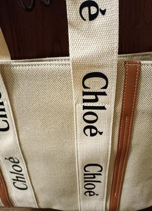 Сумка chloé  woody tote bag beige/black текстильная сумка.6 фото