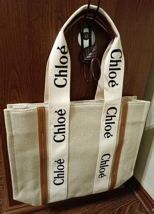 Сумка chloé woody tote bag beige/black текстильна сумка.5 фото