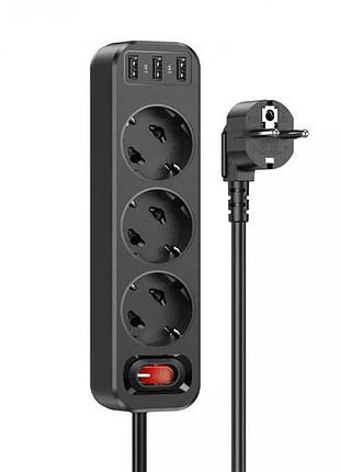 Сетевой фильтр hoco ns2 (3 розетки + 3 usb) 1.8m (black)