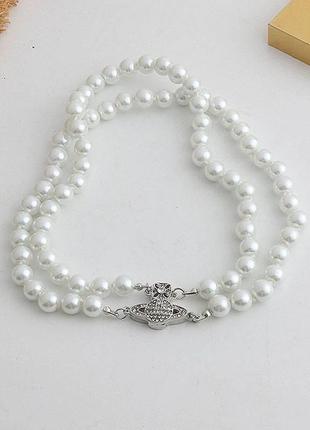 Чокер подвійний жіночий / кольє в перлинах / магнітна застібка / з логотипом vivienne westwood